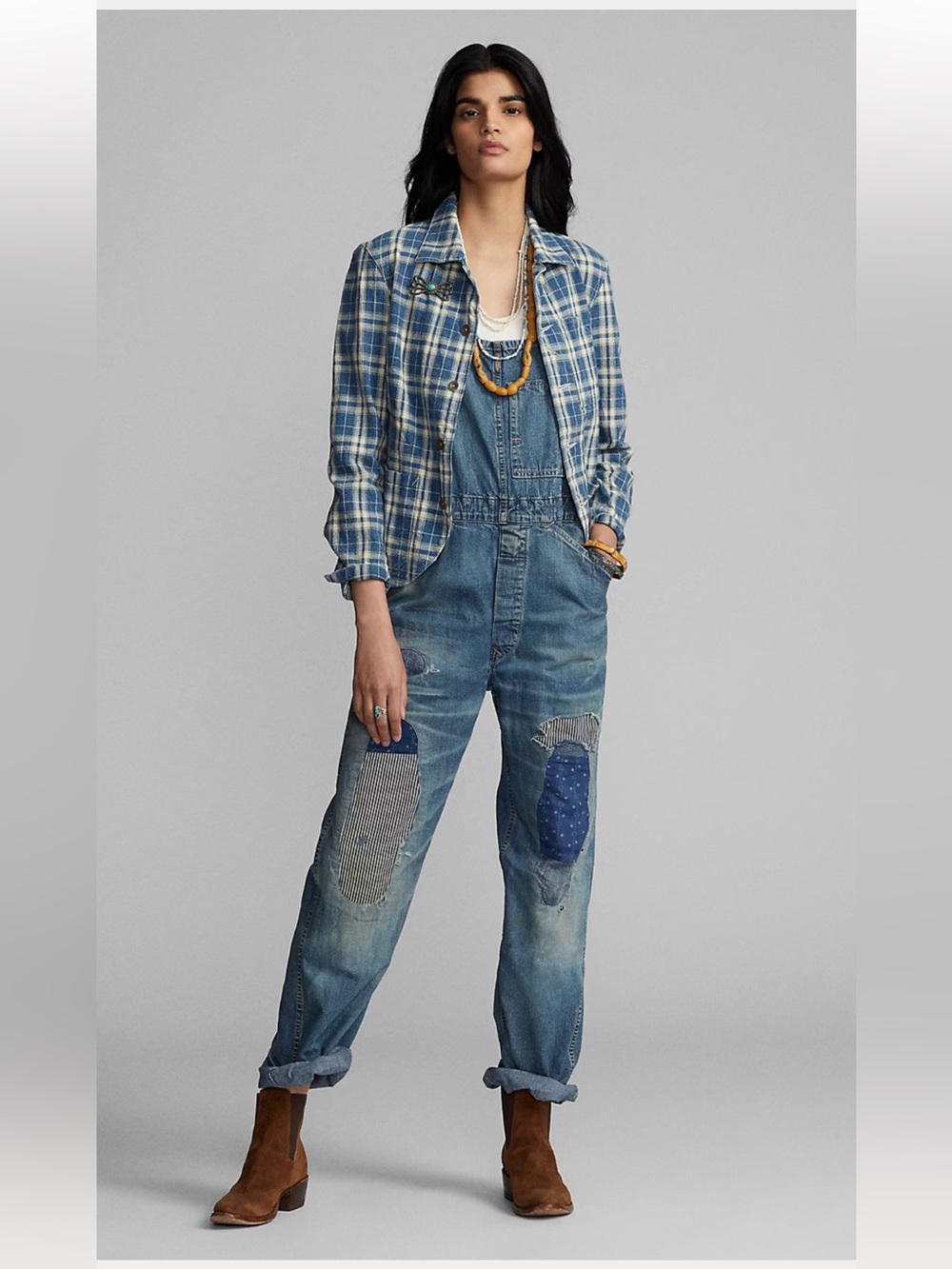 RRL Distressed, patchwork Blue Denim Overalls. Ralph Lauren collectors. Size 10